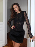 Women's Sexy Lace Patchwork Faux Fur Mini Dress Elegant Turtleneck Long-sleeve Hip Package Slim Dress Lady 2026 Chic Streetwear