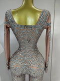 Sexy Perform Costume Sparkly Rhinestones Sequins Long Sleeves Print Jumpsuit Women Evening Party Birthday Nightclub Stage Wear