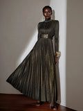 Solid Spliced Belt Slim Pleated Dresses For Women Turtleneck Long Sleeve High Waist Temperament Long Dress Female Clothes