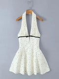 Polka Dot Halter Mini Dress for Women Sleeveless Bow Accent Waist Pleated Bodice Flared Skirt for Fashion Parties