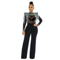 Women's Sheer Diamonds Tassel Jumpsuit See-through High Collar Hot Diamond Shoulder Padded Long Sleeved Party Jumpsuit