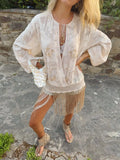 Beige Embroidered Long Tunic Top V Neck Long Sleeve Lace Fringe Hem Boho Blouse 2026 Summer Beach Vacation Cover‑up Streetwear