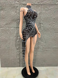 Women Luxury Black Mesh Spider Crystal Asymmetric Bodycon Mini Dress Sexy Sensual Evening Club Nightwears Showgirls Dress