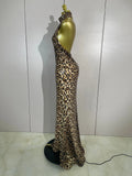 Women Sexy Eveing Party Club Birthday Stage Dress Elegant Halter Leopard Sleeveless Shiny Sequins Backless Bodycon Long Dress