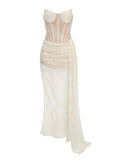 Elegant Strapless Lace Long Ribbon Wedding Dress Patchwork Vintage Floral Lace Bridal Gown Sheath Fitted Dresses