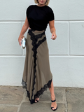 Hit Color Irregular Lace Midi Dress for Women O Neck Short Sleeves Cut Out Waist Lace Trim Skirt for Stylish Party