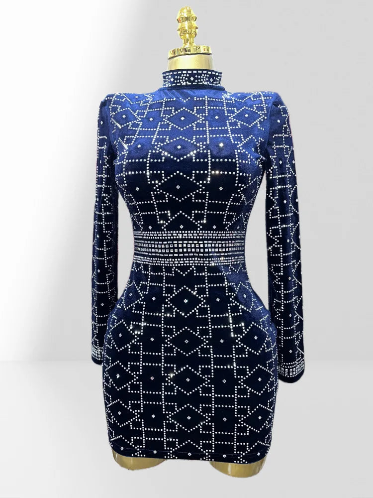 Women's Autumn Winter Rhombus Rhinestone Waist-Hugging Blue Velvet Dress Glam Luxury Party Evening Stage Performance Gown Dress