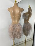 Women Glitter Crop Top Short Mesh Pearls Sets Nightclub Performance Outfit Two Pieces Party Birthday Clothing