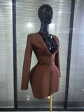 Brown Color Women Long Sleeve Sexy Deep V-Neck Bodycon Mini Bandage Dress Nightclub Party Birthday Outfit Wholesale