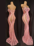 2026 Sexy Show Stage Wear Shiny Pink Rhinetones Sequins Strapless Mesh Sheer Long Dress Birthday Evening Celebrate Party Dress