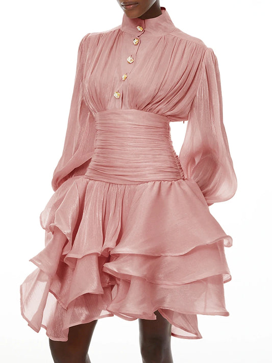 Elegant Pink High Neck Organza Fabric Mini Dresses for Women Puff Sleevs Ruched Waist Tiered Ruffles for Cocktail Parties