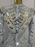 Luxury Evening Party Birthday Nightclub Photo Shoot Wear Sexy Mesh Sparkly Diamonds Sequin Tassels Long Sleeves Sheer Mini Dress