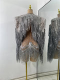 Sexy Mesh See Through Rhinestones Two Pieces Dress Coat Sets Women Sparkly Tassels Performance Singer Dancer Stage Costume