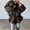 Retro Drew-string Jackets Women's Loose Full Sleeves Buttons Zipper Pockets Lapel Coats 2026 New Ladies Autumn Solid Outwear
