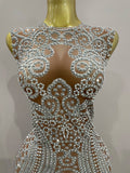Women Sparkly Rhinestone Feathers Sleeveless O Neck Bodycon Long Dress Wedding Guest Gowns Luxury Birthday Evening Party Dress