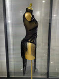 Black Red Women Sexy One Shoulder Shinning Crystal Sequins Tassels Bodycon Mid-calf Dress Nightclub Party Bar Dancer Costumes