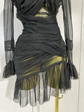 Women Evening Club Party Birthday Dresses Elegant Black High Collar Long Sleeve Solid Mesh Sexy See Through Ruffle Mini Dress