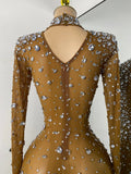 Sparkly Rhinestone Women Sexy Mesh See Through Floor Length Long Sleeve Birthday Dress Party Nightclub Stage Wear