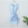 Sexy Blue Hollow-out Pleated Mini Dress Women Deep V-neck Sleeveless Backless Bodycon Vestidos 2026 New Lady Vacation Party Gown