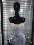 Women Sexy Strapless Sparkly Diamonds Mesh See Through Maxi Long Dress Luxury Birthday Evening Party Nightclub Bar Stage Costume