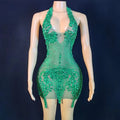 Sparkly Rhinestones Evening Prom Celebrate Birthday Dress Sexy Halter Backless Mesh Velvet Short Dress Performance Stage Wear