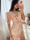 Elegant Floral Print Mini Dress Women Fashion V-neck Half Sleeve High Waist Ruffle Slim Dresses Summer Lady Vacation Robe 2026