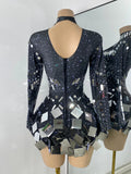 Flashing Rhinestones Mirrors Long Sleeve Dress Performance Singer Dancer Costume Bar Nightclub Party Stage Wear Birthday Vestido