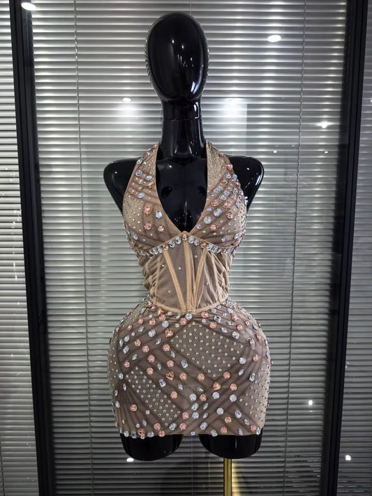 Women Sexy Halter Shining Crystal Bodycon Mini Dress Off the Shoulder Celebrate Nightclub Party Birthday Photoshoot Wear