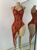 Women Sexy Sleeveless Rhinestones Chic Evening Gown Mesh See Through Performance Dance Costume Singer Stage Wear