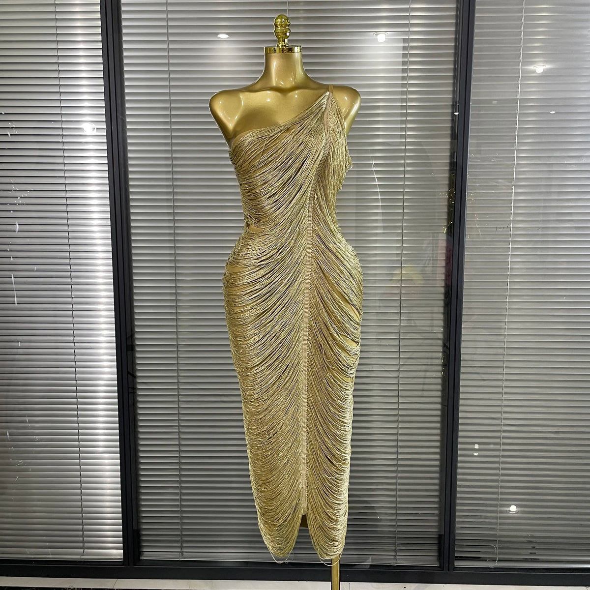 Shining Sequins Tassels Women Sexy One Shoulder Bodycon Long Bandage Dress Elegant Evening Party Celebrate Cocktail Outfit