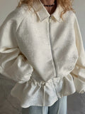 Apricot Jacquard Drawstring for Women Jackets Lapel Bubble Long Sleeve Peplum Hem Zip Up Jacket for Summer Casual