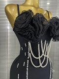 Black Color Women Sexy Strap Pearl Beading Bodycon Mini Bandage Dress Florals Celebrate Nightclub Party Cocktail Outfit