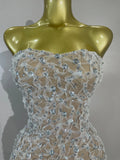 Women Sparkly Rhinestones Sexy Strapless Mesh See Through Mini Dress Birthday Party Evening Cocktail Dress Nightclub Stage Wear