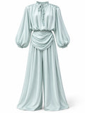 Satin Two Piece Set for Women Ruffle Mock Neck Long Lantern Sleeve Crop Top Pleated Wrap Wide Leg Pants for Vacation Daily