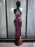 Shining Colorful Print Rhinestones Women Sexy Halter Backless Mesh Long Gowns Dress Nightclub Party Birthday Photoshoot Wear