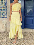 Elegant Pink Two Piece Set for Women Lace Trim Tube Top Asymmetrical Tiered Ruffles Midi Skirt Outfits for Beach Getaways
