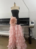 Women'S Sexy Strapless Bandage Slim Long Dress With Floral Decoration Layered Ruffle Edge Patchwork Dress Wedding Party