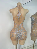 Women's Sparkly Birthday Mini Dress Crystals Diamonds Mesh Evening Party Gowns Performance Costume Stage Outfit Club Vestidos