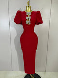 Shiny Bow Sexy Cut Out Short Sleeve Red Bodycon Bandage Long Dress Women Evening Party Celebrate Birthday Knitted Club Prom Gown