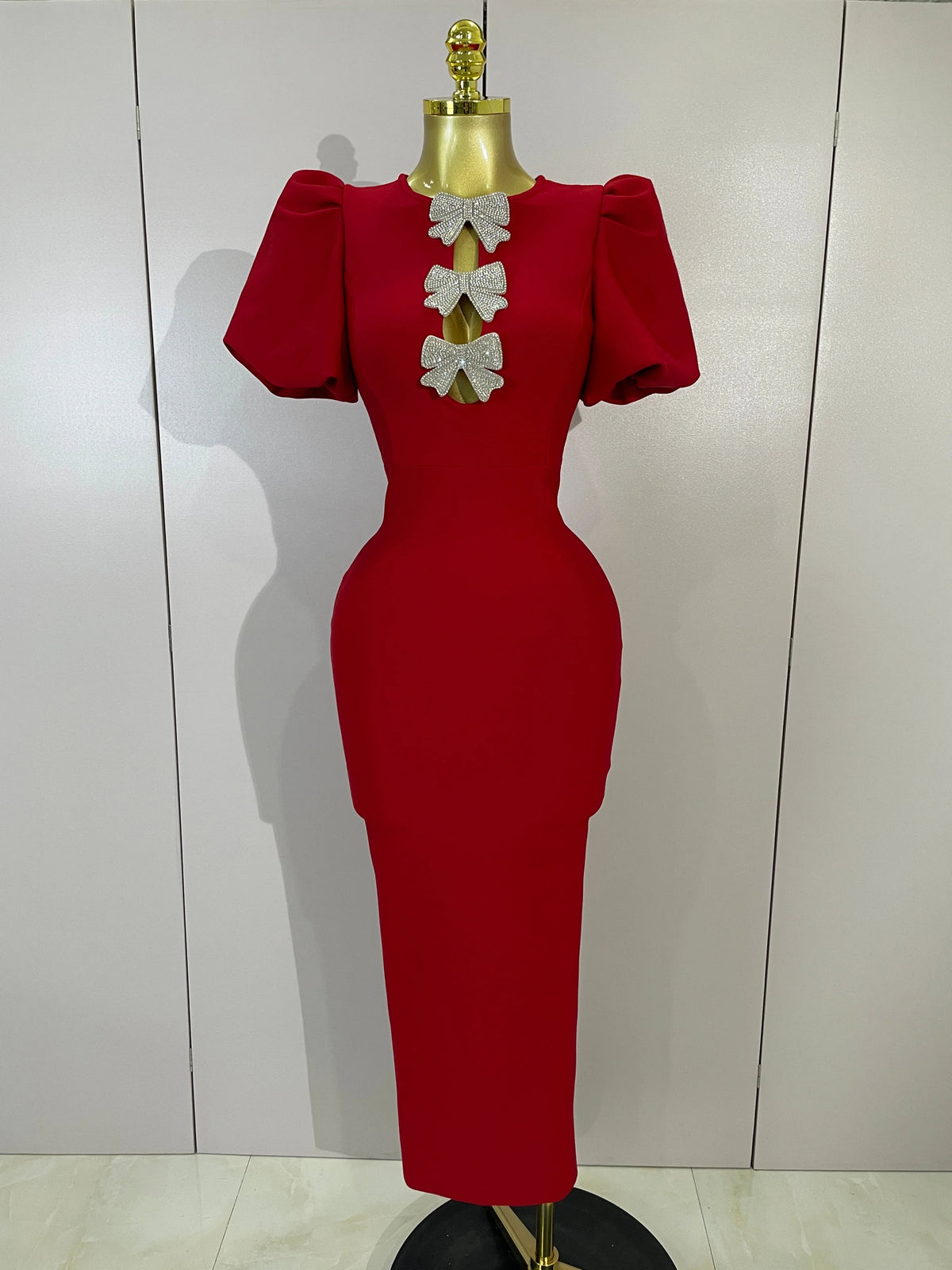 Shiny Bow Sexy Cut Out Short Sleeve Red Bodycon Bandage Long Dress Women Evening Party Celebrate Birthday Knitted Club Prom Gown