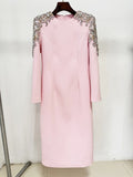 New Arrivals Fashion Luxury Diamond Slim Midi Dress Pink Women'S Long Sleeves Female Formal Dinner Gowns