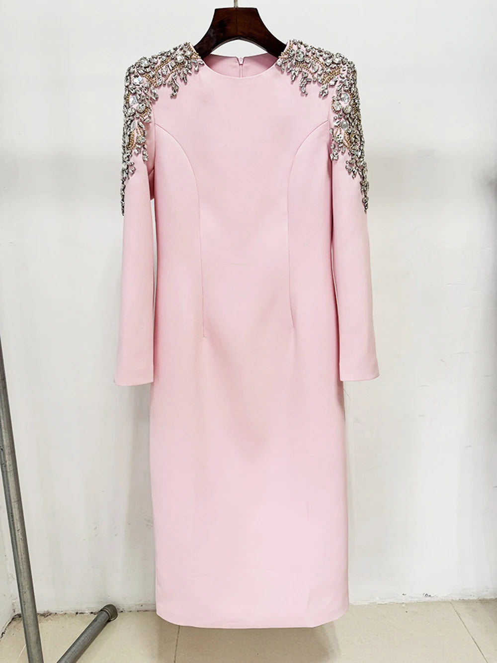 New Arrivals Fashion Luxury Diamond Slim Midi Dress Pink Women'S Long Sleeves Female Formal Dinner Gowns