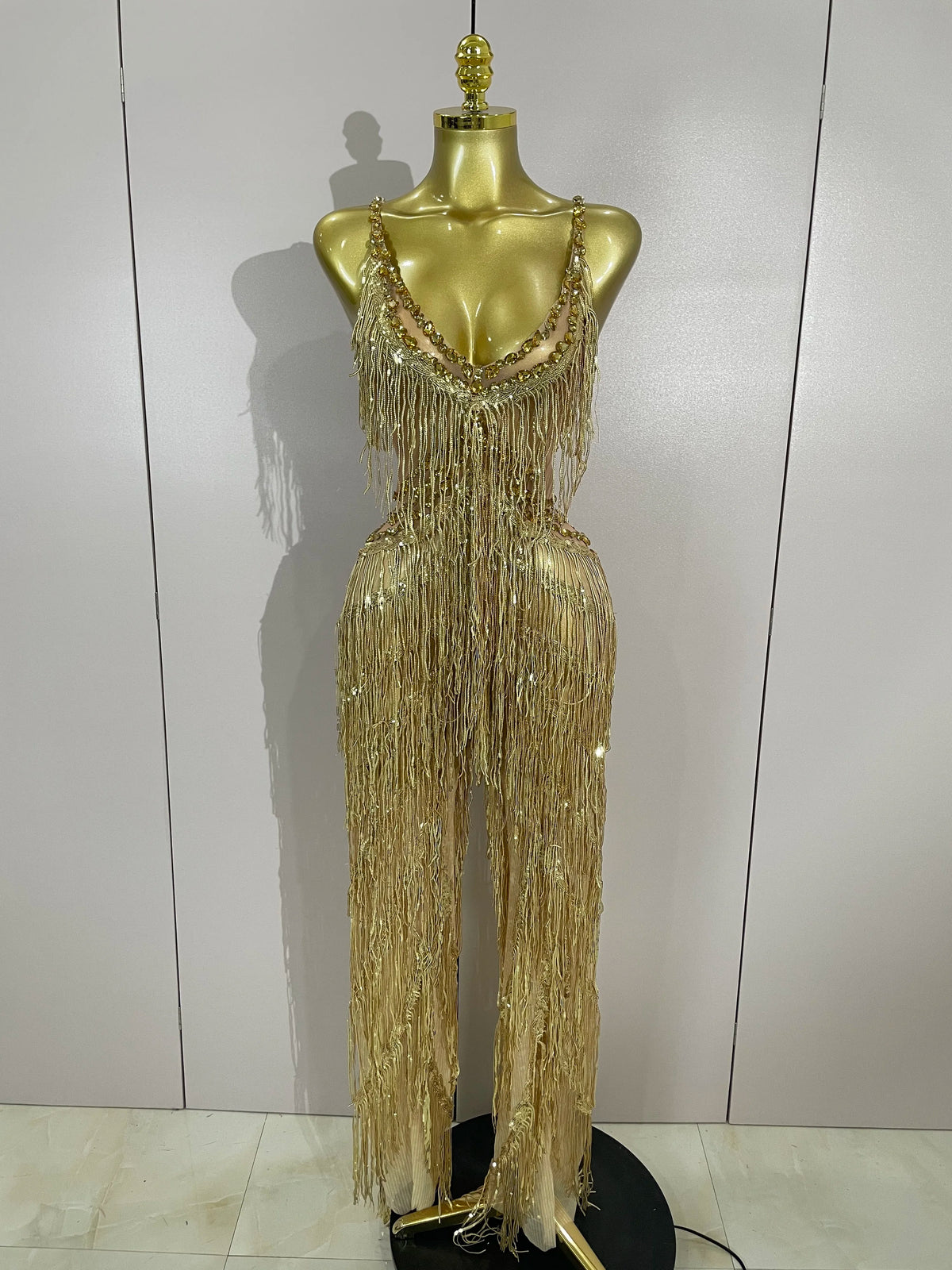 Sparkly Gold Rhinestones Sequins Fringe Jumpsuit Women Sexy Nightclub Party Birthday Outfit Show Singer Stage Perform Costume