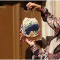 Women's Shawl Collar Fringe Knitted Cardigan Self Fabric Belt Waist Ethnic Print Loose Long Sleeve Mid Length Coat Autumn Casual