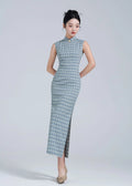 Improved Artistic Grid Long Sleeveless Cheongsam Dress Spring New Fashion Young Girl's Daily Qipao Dress