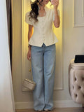 Solid Loose Spliced Lace Shirts for Women Square Collar Short Sleeve Korean Design Shirt Female Summer Fashion New
