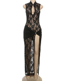 Sexy Solid Dress Women 2025 Summer Sleeveless Lace High Stretch Midnight club Asymmetrical Graphics Metal Knot Slit