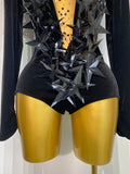 Women Sparkly Gold Rhinestone Black Velvet Long Sleeve Bodysuit Evening Party Club Gala Hosts Night Club Bar Stage Costumes