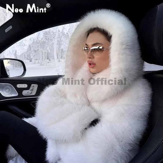 Winter 2026 Pure White Mountain Fashion Hooded Cropped Faux Fur Coat Women Fluffy Eco Fox Fur Jacket Girls Hot Overcoat
