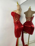 Sparkly Red Diamonds Asymmetrical Two Pieces Dress Design 2025 Women Sexy Strapless Top Skirt Suits Dance Performance Outfit